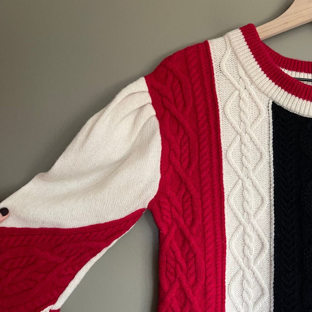 CLAUDIE PIERLOT Mixity Pullover Sweater Size Medium Red Black Cream Puff Sleeves - Picture 12 of 16